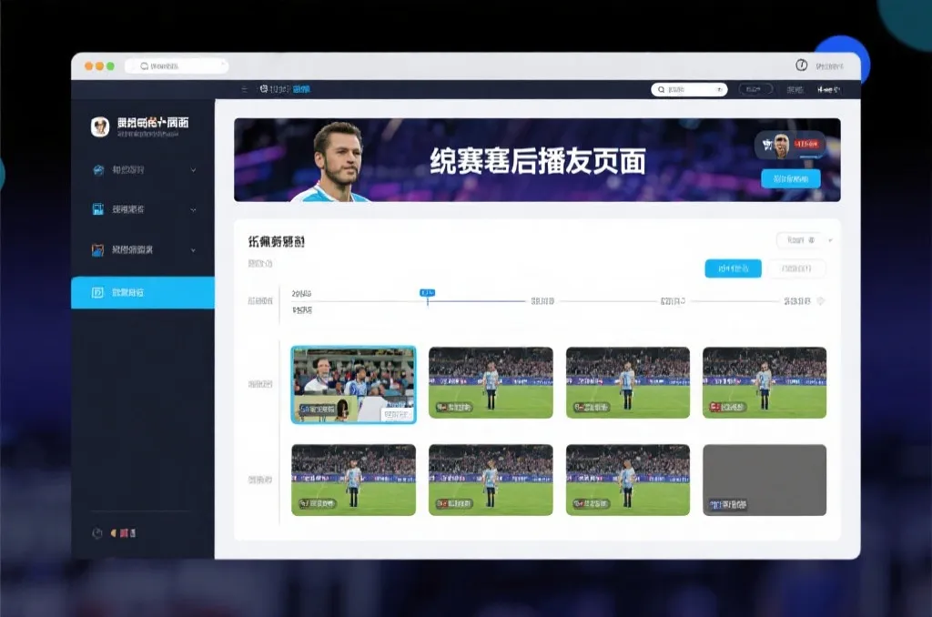比赛结束后，电视屏幕展示集锦回放页面，旁边有时间轴和多角度切换提示